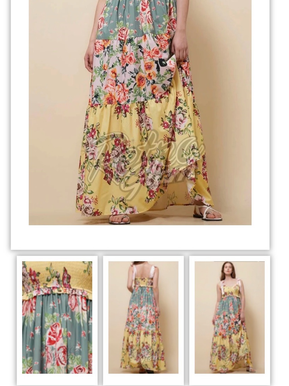 Free People Mixed Floral Tiered Maxi Dress with Pink Ribbon Straps